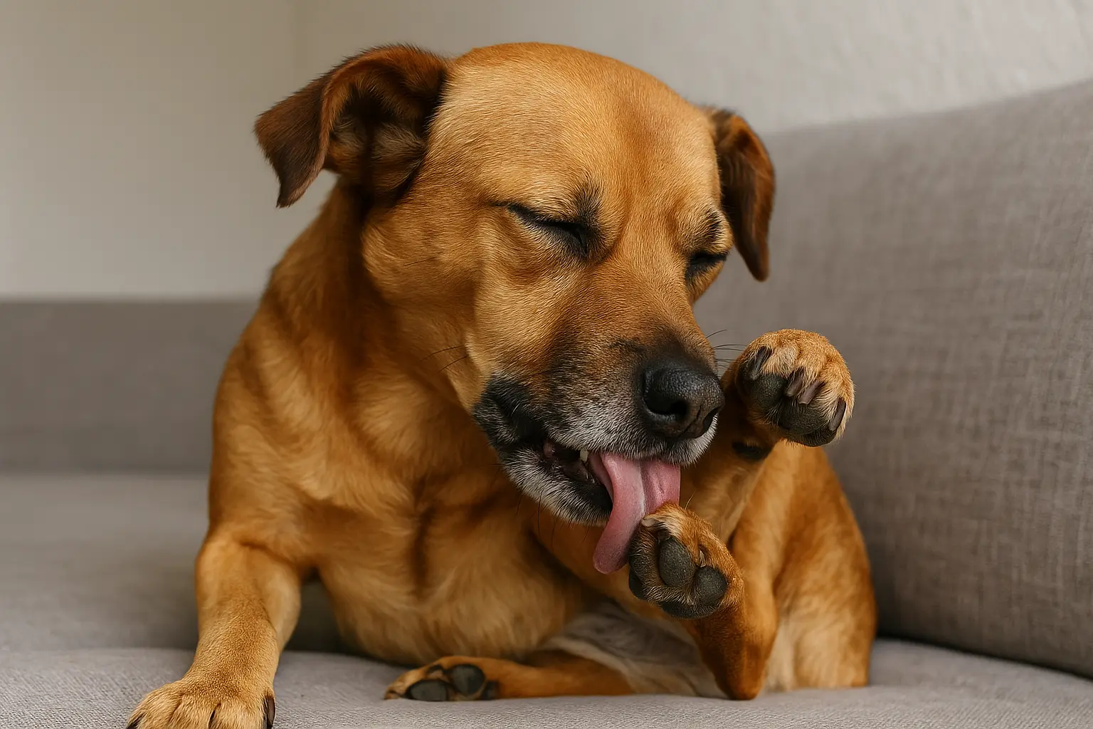 Pies-z-alergią-liże-swędzącą-łapę-na-kanapie