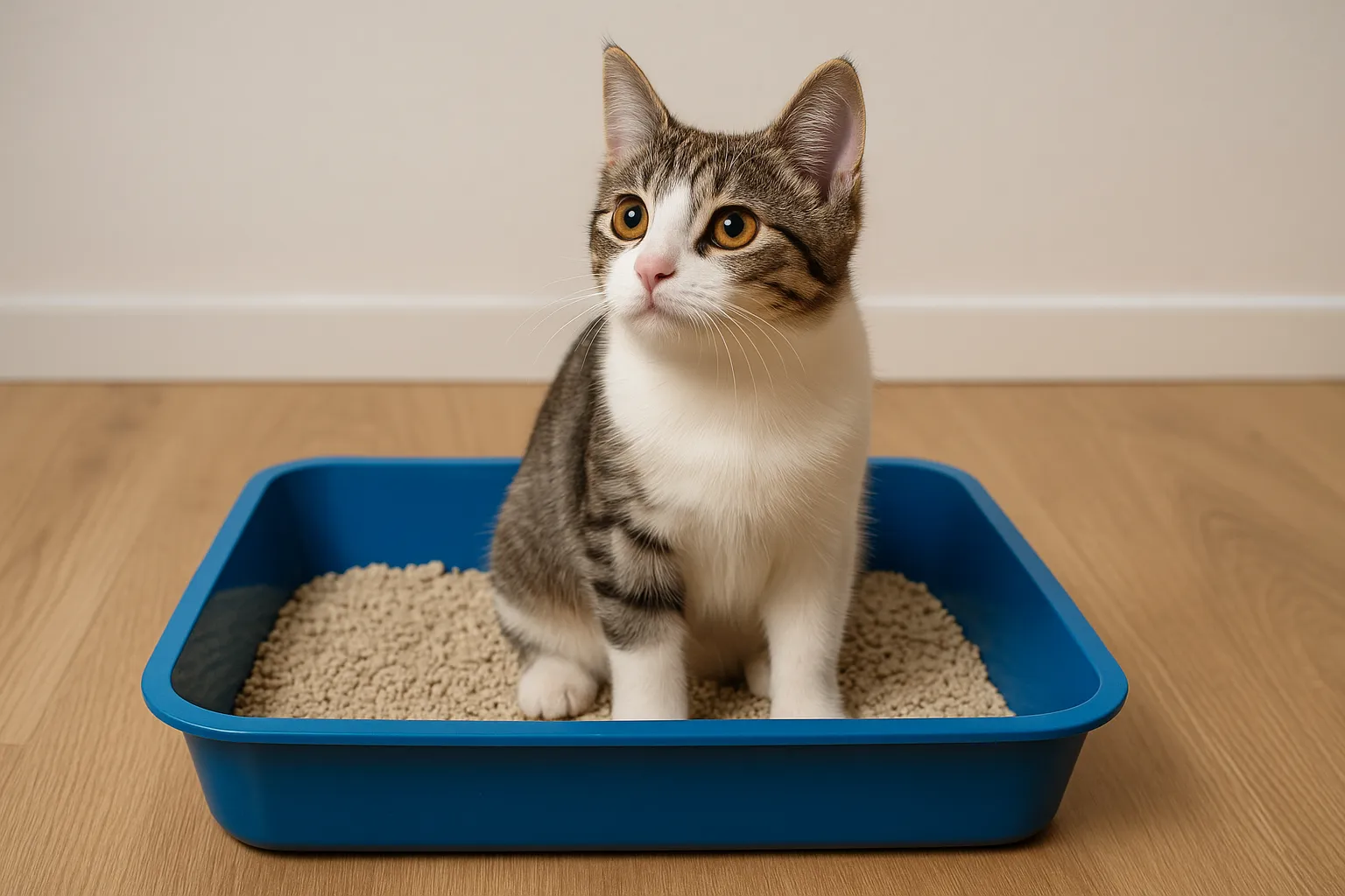 Młody-kot-siedzący-w-niebieskiej-kuwecie-ze-żwirkiem-nauka-korzystania-z-toalety